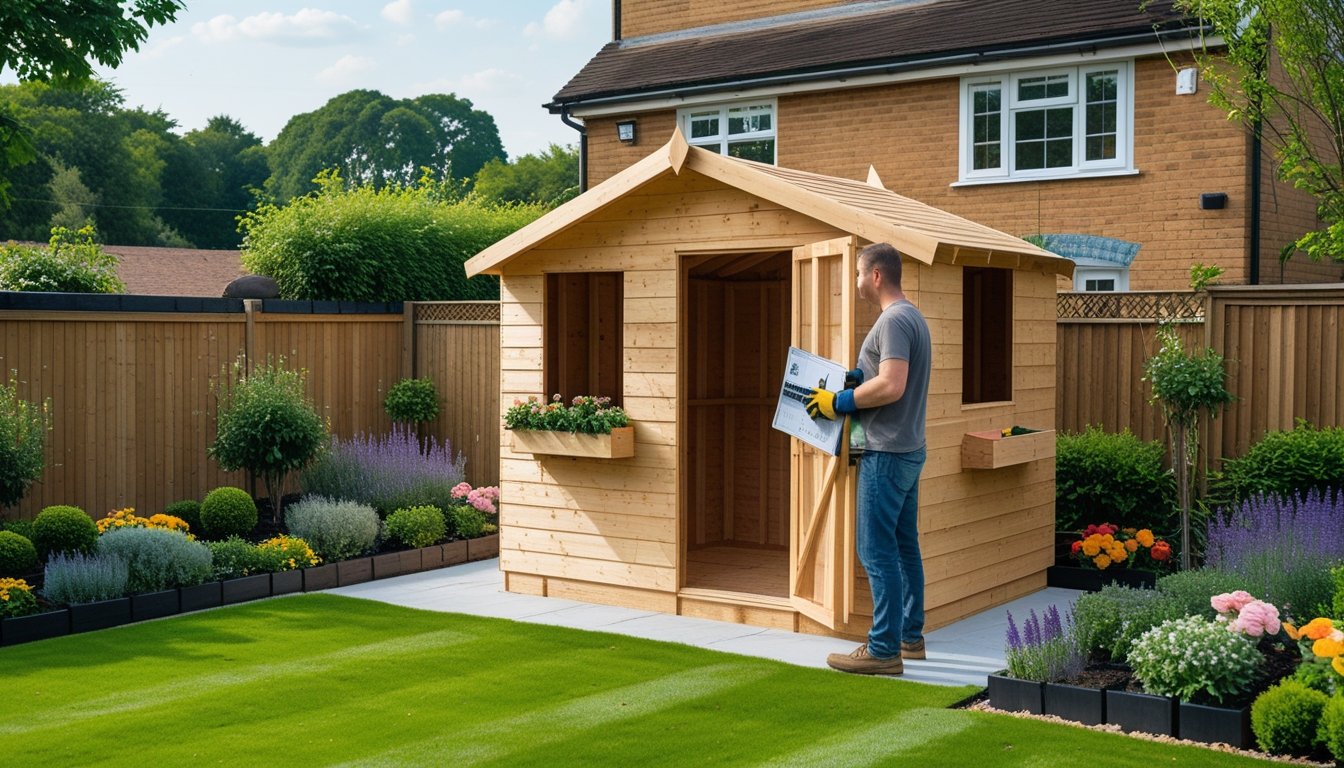 A British garden with a newly built wooden garden shed surrounded by flowers and a person holding building plans.