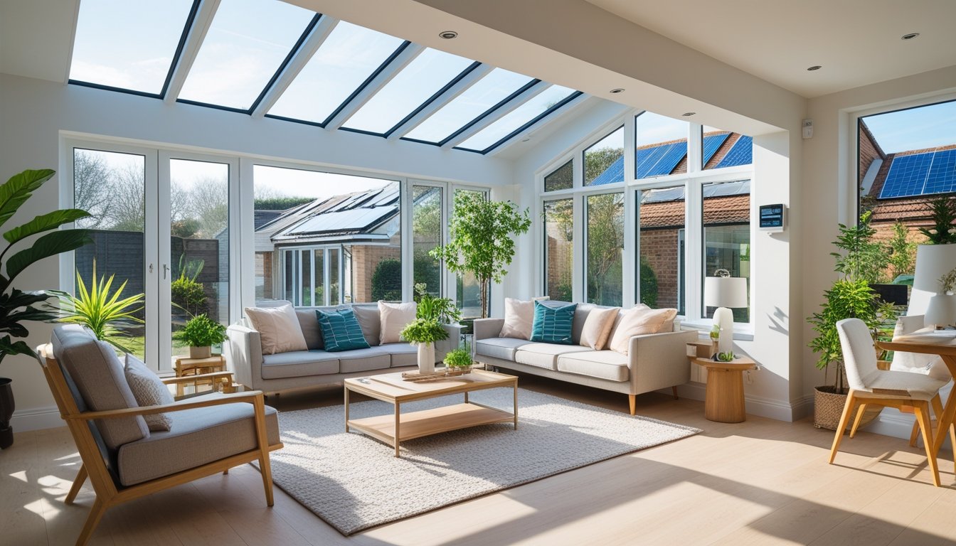 A modern UK living room with large windows, comfortable furniture, indoor plants, and visible eco-friendly features promoting sustainable living.
