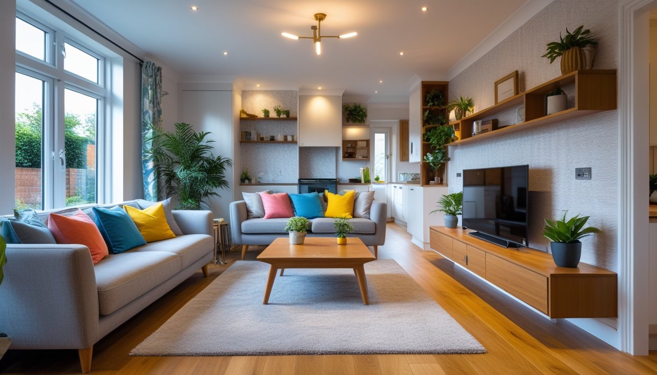 A bright UK living room with a sofa, coffee table, shelving, plants, and large windows letting in natural light.