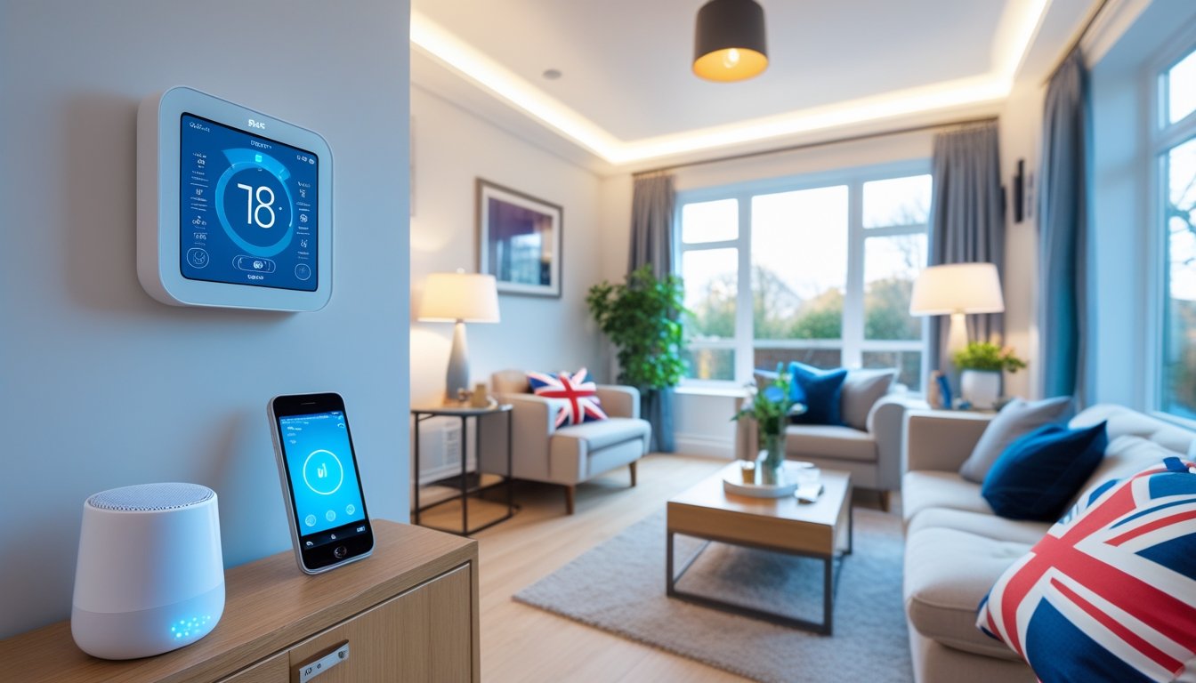 A modern UK living room featuring smart home devices including a smart thermostat, voice-activated speaker, smart lighting, and a tablet showing a home automation app.