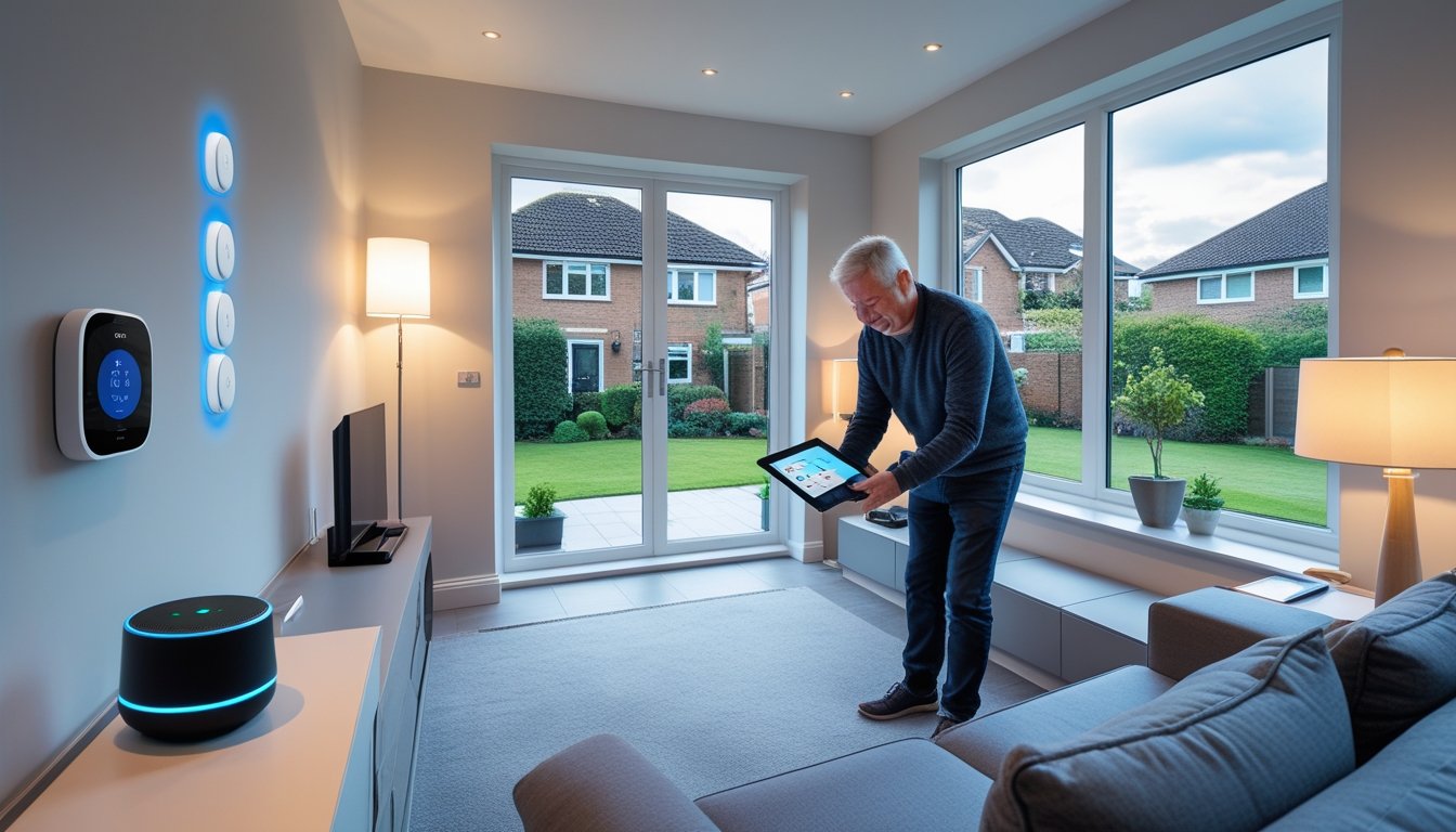 A UK homeowner in a living room using a tablet to control smart home devices including a thermostat, smart lights, and a voice-activated speaker.