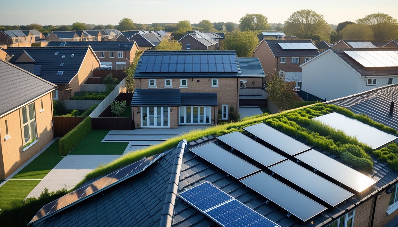 A neighbourhood of modern UK houses featuring roofs with solar panels, green vegetation, and eco-friendly materials under a clear sky.