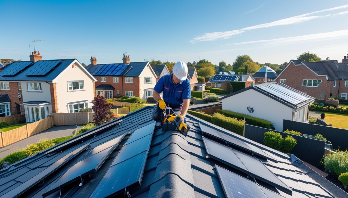 A UK residential area showing houses with different modern roofing materials and a roofing expert inspecting a roof on a sunny day.