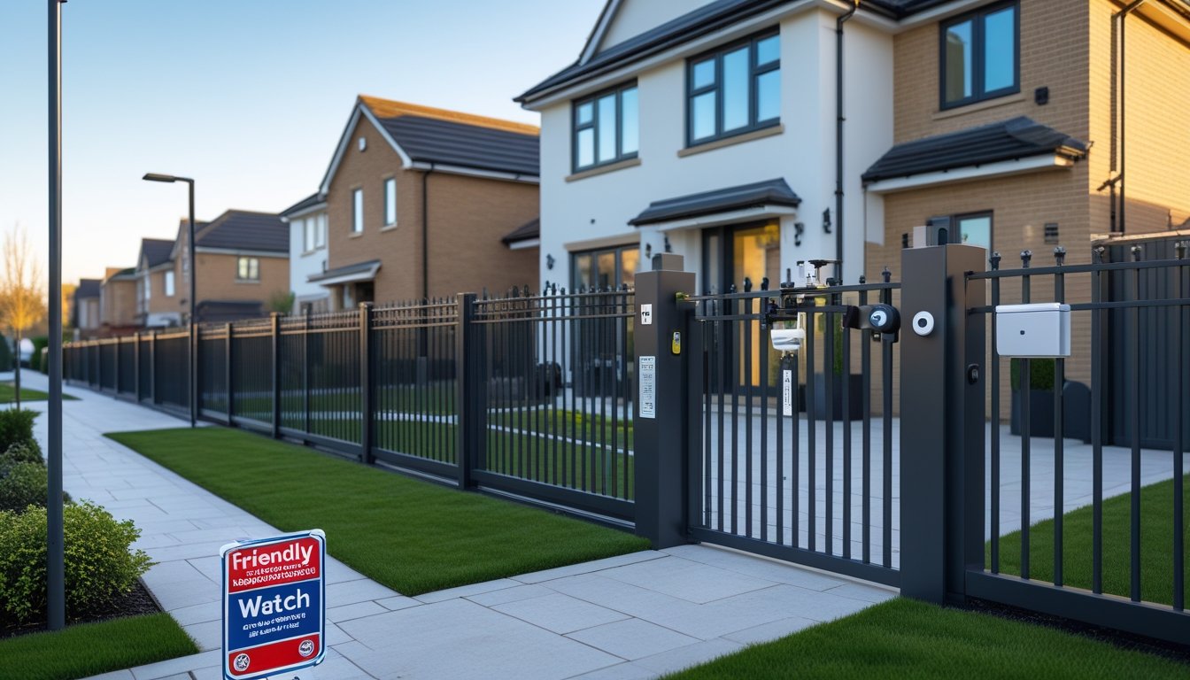 A modern UK suburban house with a secure metal fence, security cameras, outdoor lighting, and a neighbourhood watch sign in the front garden.