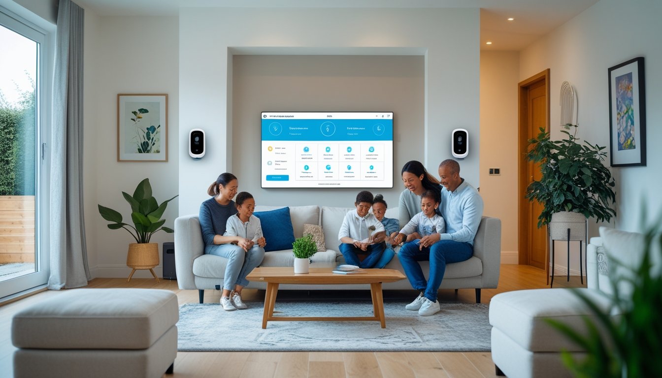 A UK family in a living room using smart home security devices including a wall-mounted camera and a touchscreen control panel.