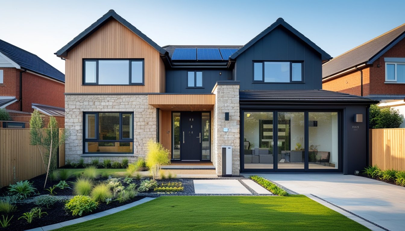 A modern detached house in the UK with timber and stone exterior, large windows, solar panels on the roof, and a landscaped front garden with native plants.