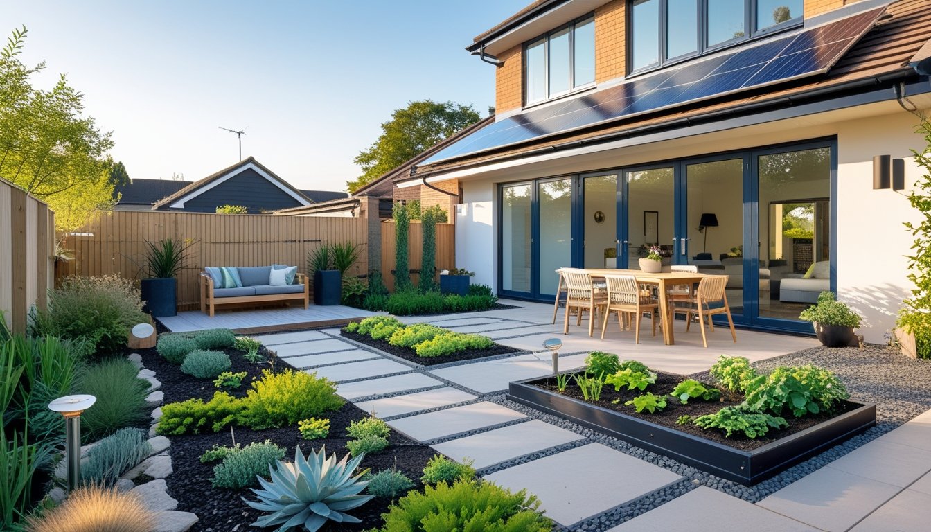 A modern UK home exterior with a sustainable garden, wooden deck, solar panels, and native plants under a clear sky.