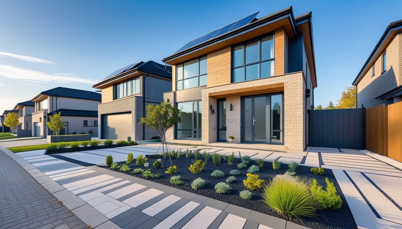 A modern UK suburban house with stone and timber exterior, large windows, solar panels on the roof, and a minimalist front garden.