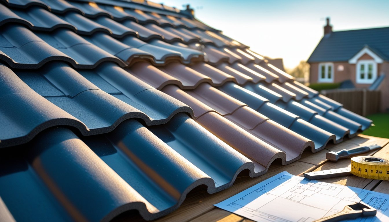 Close-up of various durable roof tiles on a wooden surface with roofing tools nearby and a traditional UK house roof in the background under a clear sky.