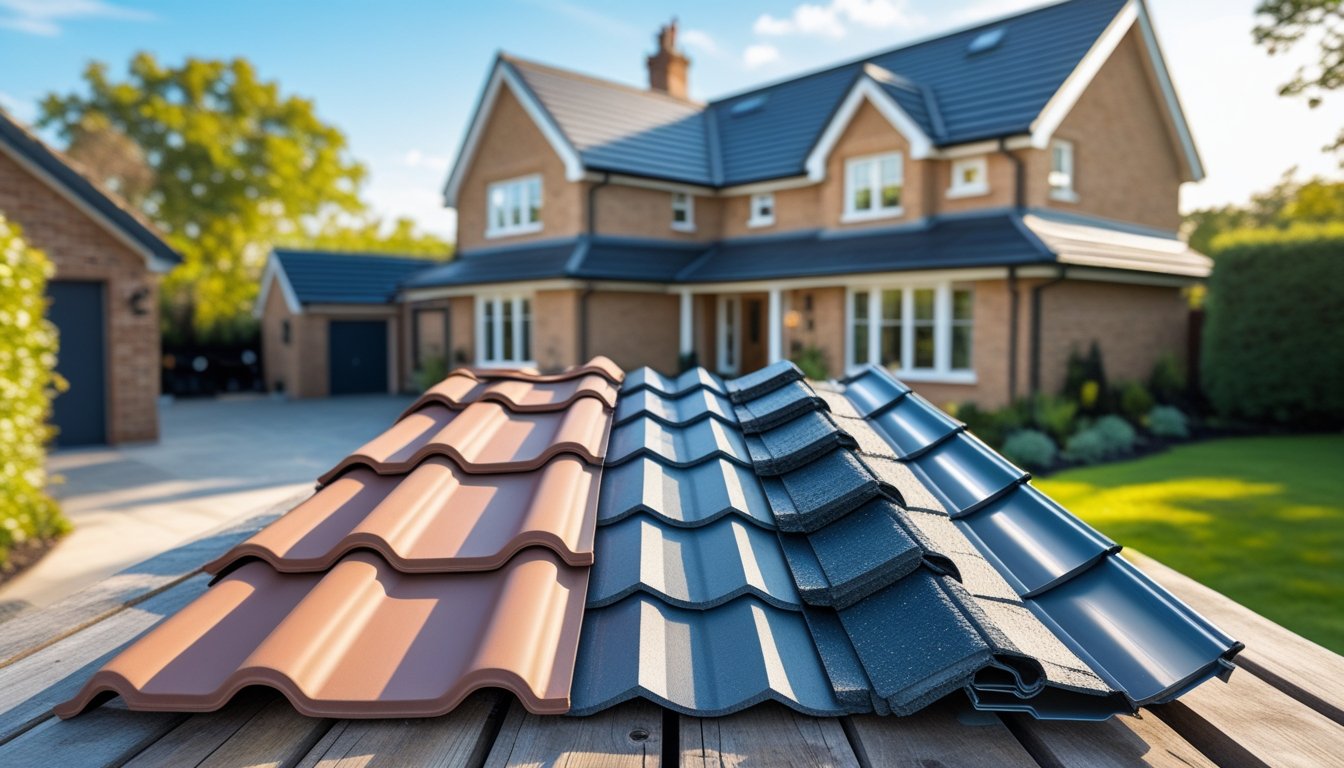 Close-up view of different UK roof tile materials displayed outdoors with a house roof in the background.