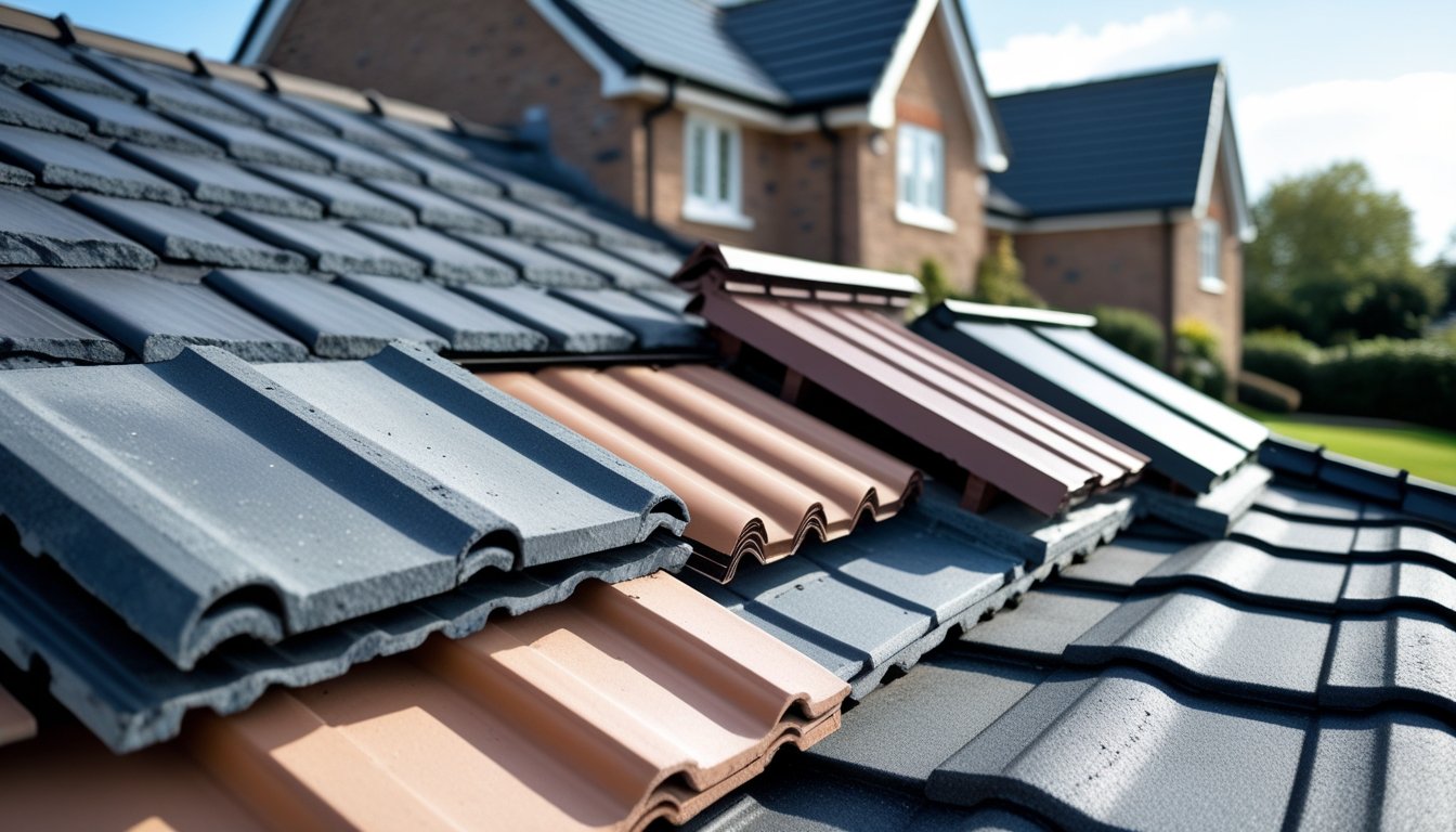 Close-up of various durable UK roof tiles arranged outdoors with a house roof in the background under a clear sky.