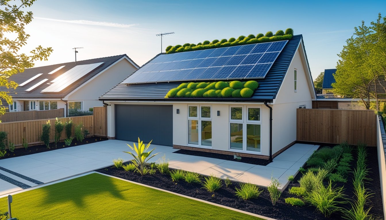 A UK suburban house with solar panels and green roofing surrounded by a garden under a clear sky.