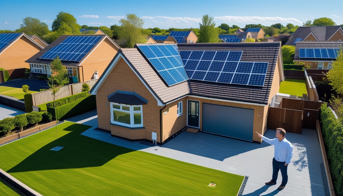 A homeowner and an energy consultant discussing a UK house roof with solar panels in a suburban neighbourhood.