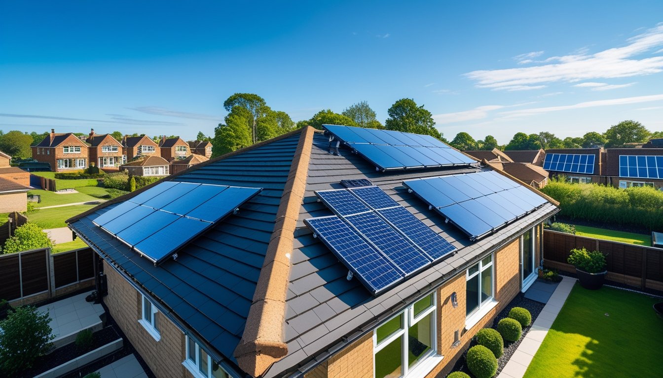 A modern UK house with solar water heating panels installed on the roof under a clear sky, surrounded by a garden and neighbouring homes.