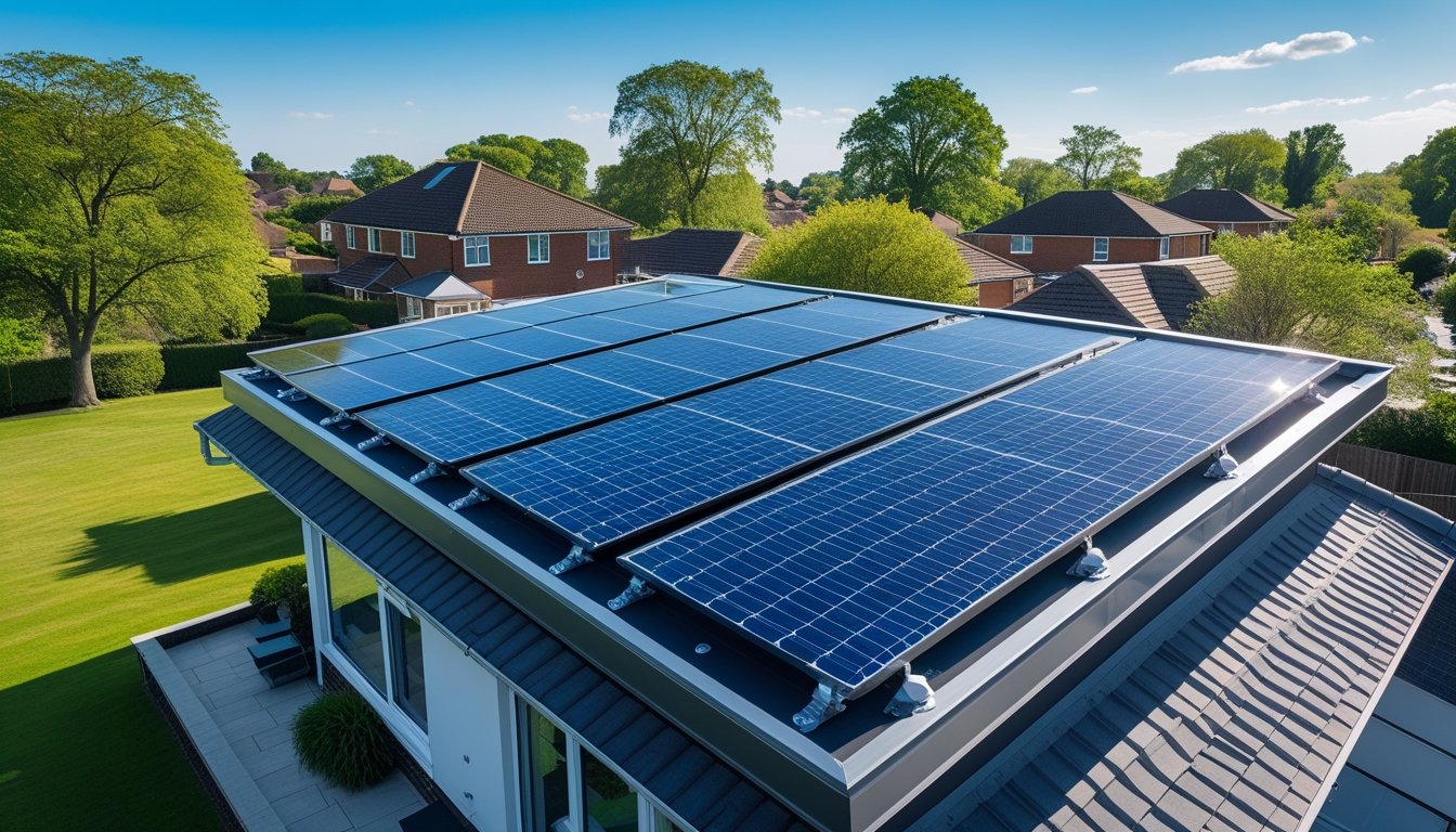 A modern UK house with solar water heating panels installed on the roof on a sunny day.