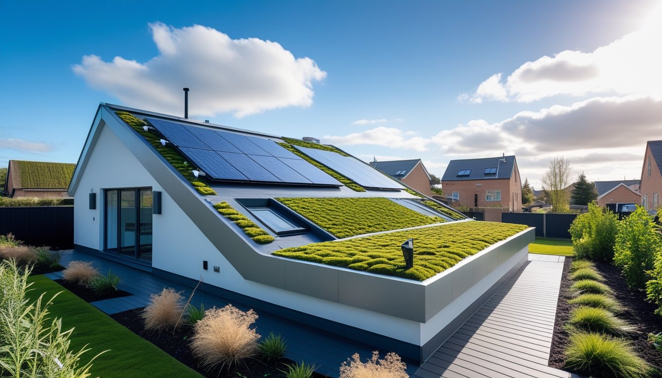 A modern UK house with a sustainable roof featuring solar panels and green plants, surrounded by a garden and clear sky.