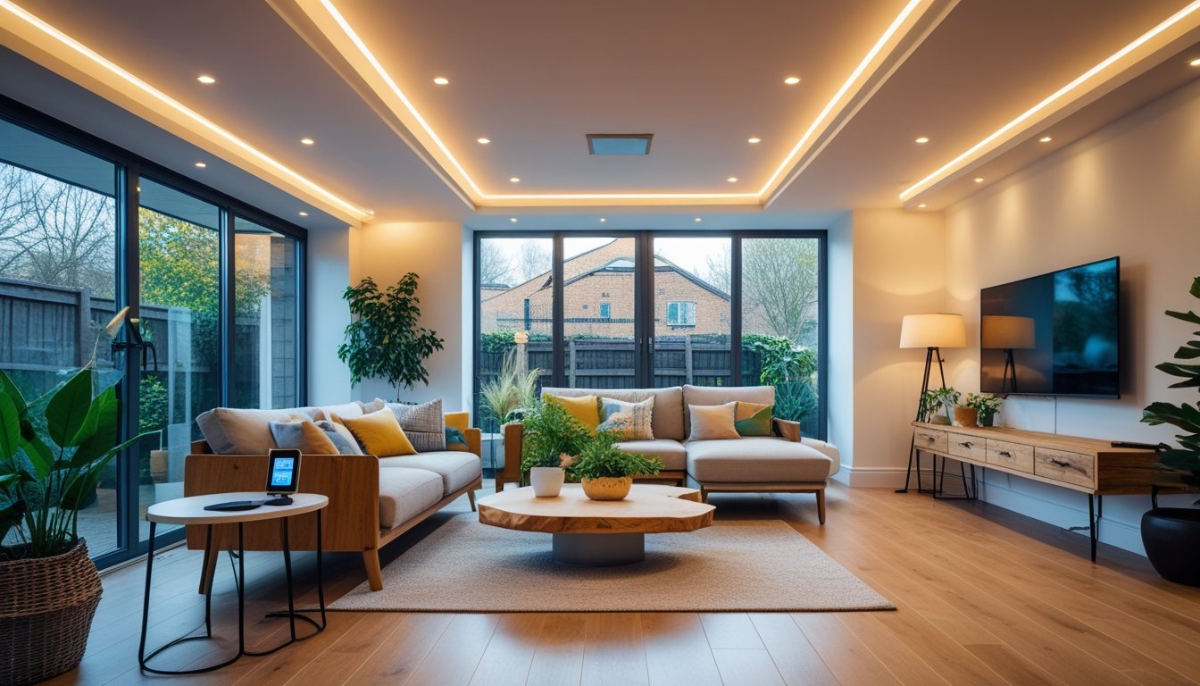 A modern UK living room with smart LED lighting, eco-friendly furniture, large windows, indoor plants, and a touchscreen control panel.