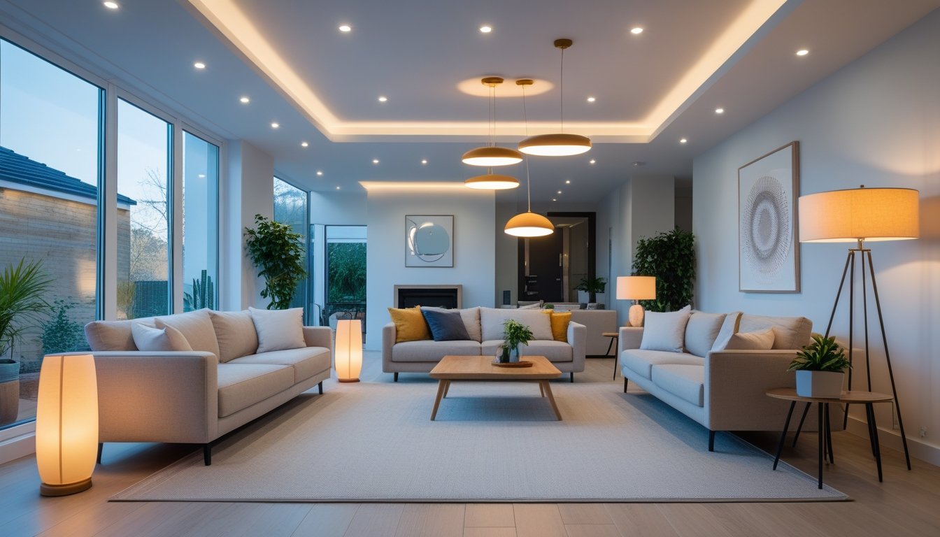 A modern UK living room with various lighting fixtures, including ceiling lights, pendant lamps, and floor lamps, illuminating a comfortable and stylish interior.