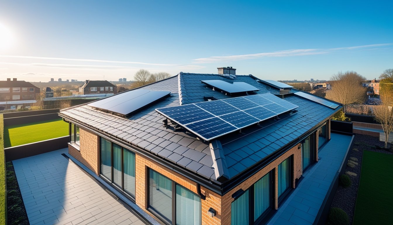 Modern residential roof with solar panels and energy-efficient tiles on a sunny day in a UK neighbourhood.