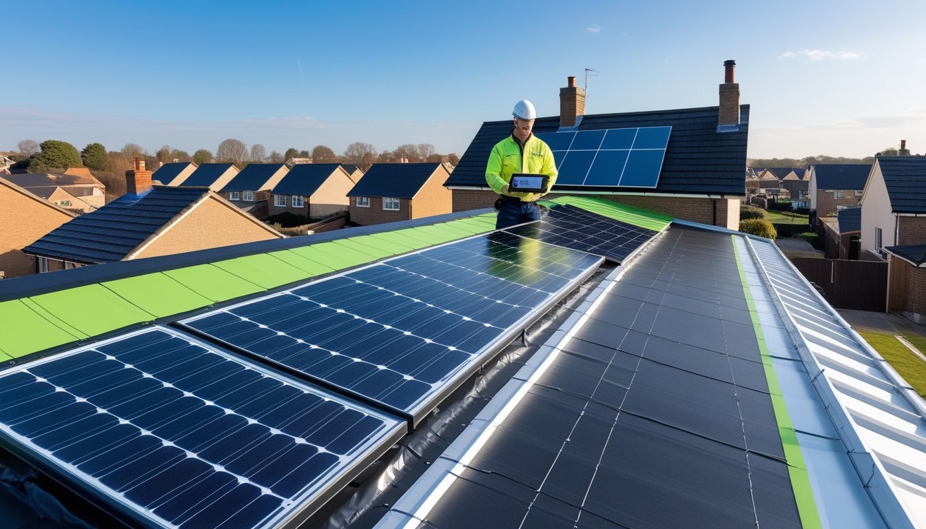 A roofer inspecting a modern UK residential roof with solar panels and eco-friendly materials under a clear blue sky.