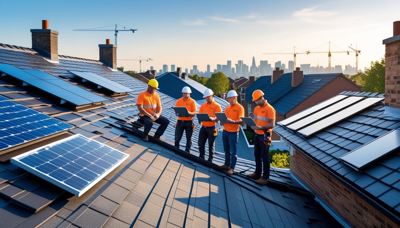 Roofing professionals inspecting a modern residential roof with a city skyline and construction cranes in the background.