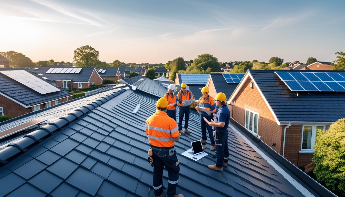 A group of roofing professionals examining plans on a suburban street with various modern roofs in the background.