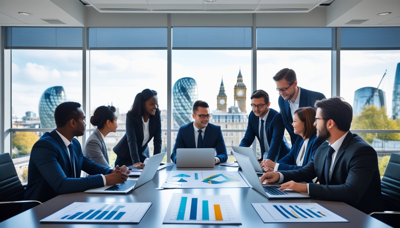 A group of business professionals in a meeting room discussing market data with charts and digital devices, with a city view visible through large windows.