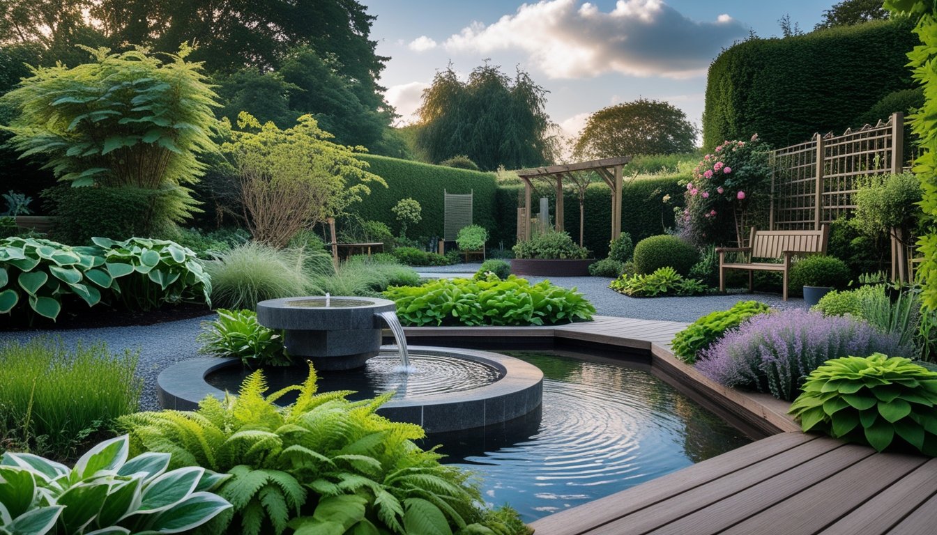 A UK garden with a stone water feature surrounded by green plants, wooden decking, and a wooden bench under a partly cloudy sky.