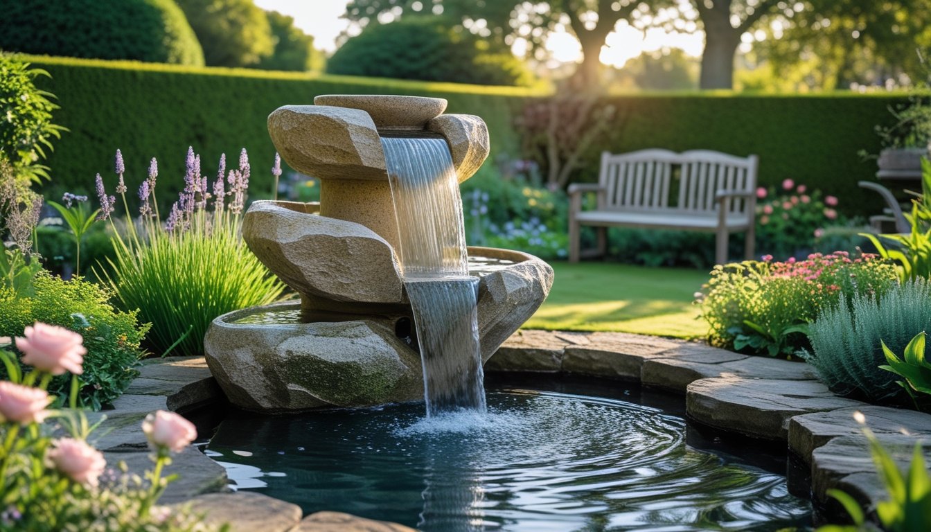A garden with a natural stone water fountain flowing into a pond, surrounded by green plants and colourful flowers, with trimmed hedges and a wooden bench in the background.