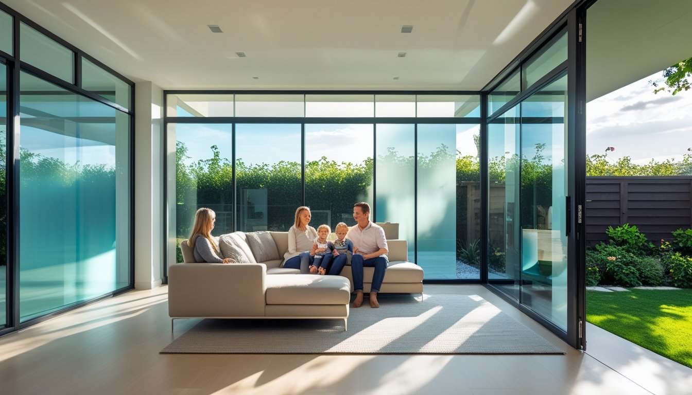 A modern living room with large smart windows showing natural light and a garden outside, with a family sitting comfortably on a sofa.