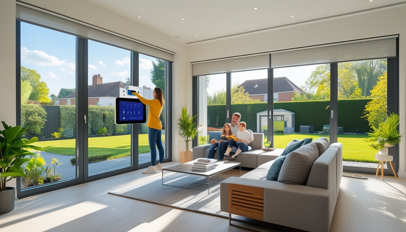 A family in a bright living room with large smart windows and a touchscreen control panel managing the window settings.