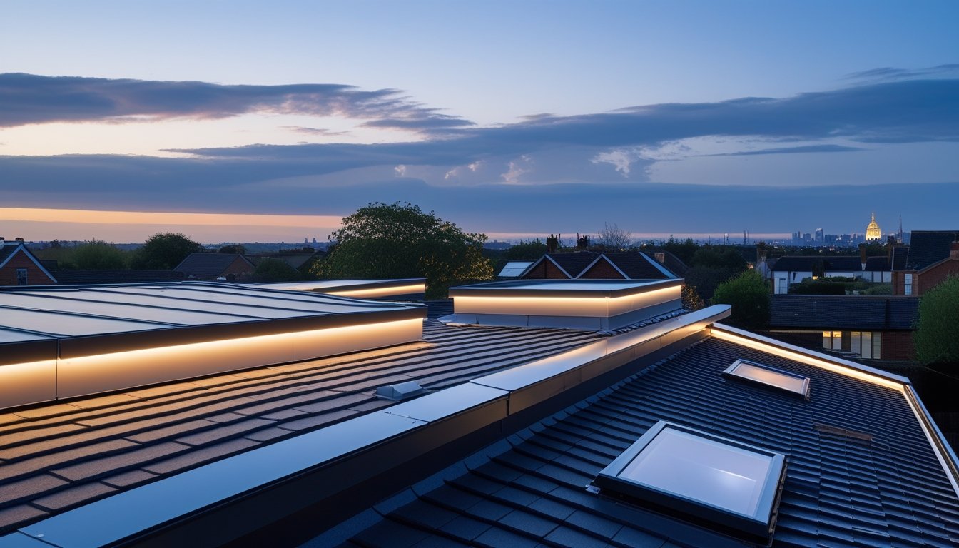 A modern UK house rooftop at dusk with LED lights illuminating the roof edges and skylights, set against a clear evening sky and distant cityscape.