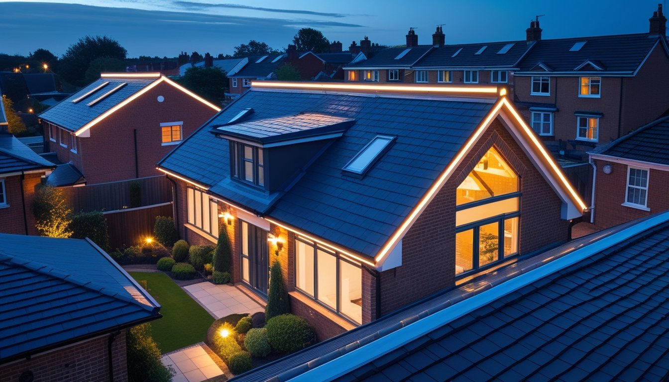 Various UK buildings with illuminated roofs showing different decorative and functional lighting features at dusk.