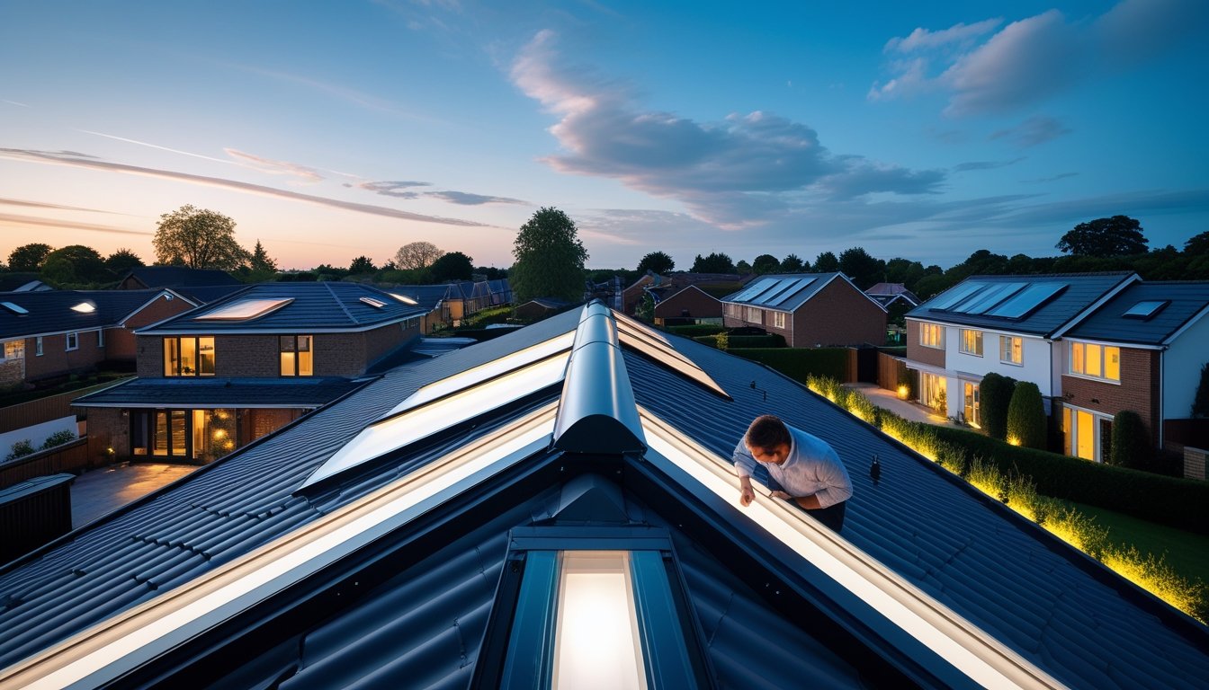 A modern UK residential rooftop at dusk with various roof lighting features and a person examining the setup.