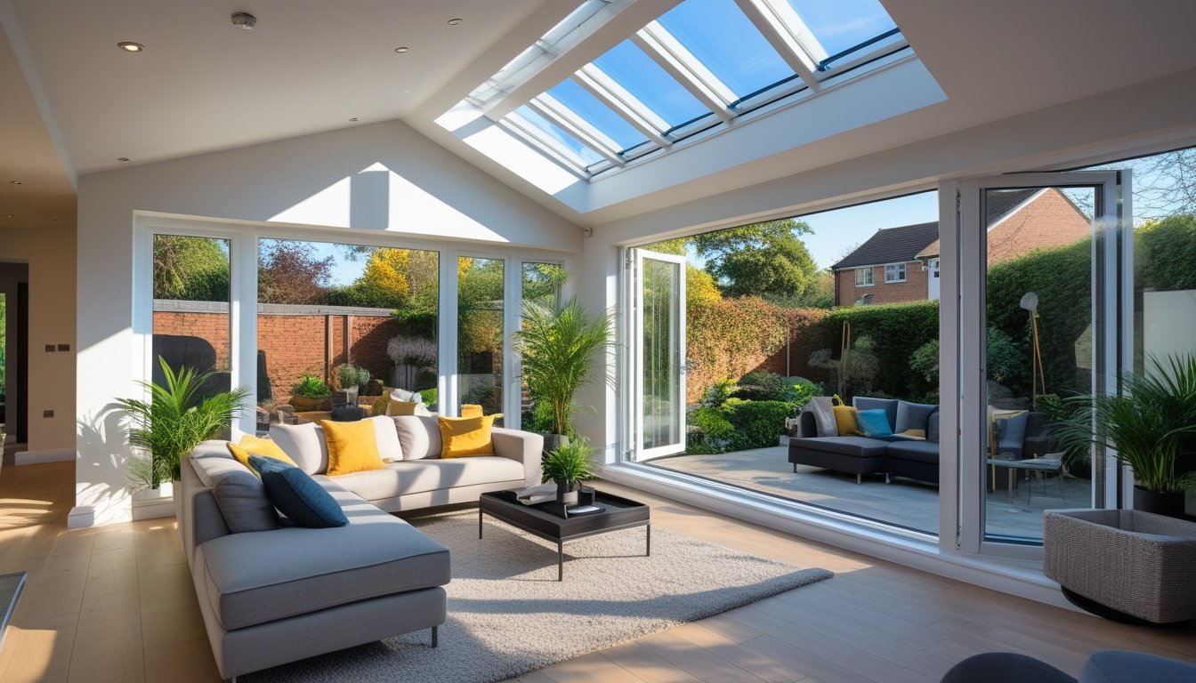 A bright living room in a UK home with sunlight coming through a large glass roof lantern, showing comfortable furniture and a garden outside.