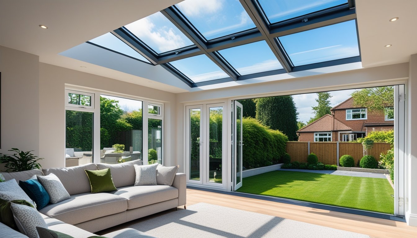 Interior of a modern UK home with a large glass roof lantern letting in natural light, showing a bright room with furniture and a view of a garden outside.