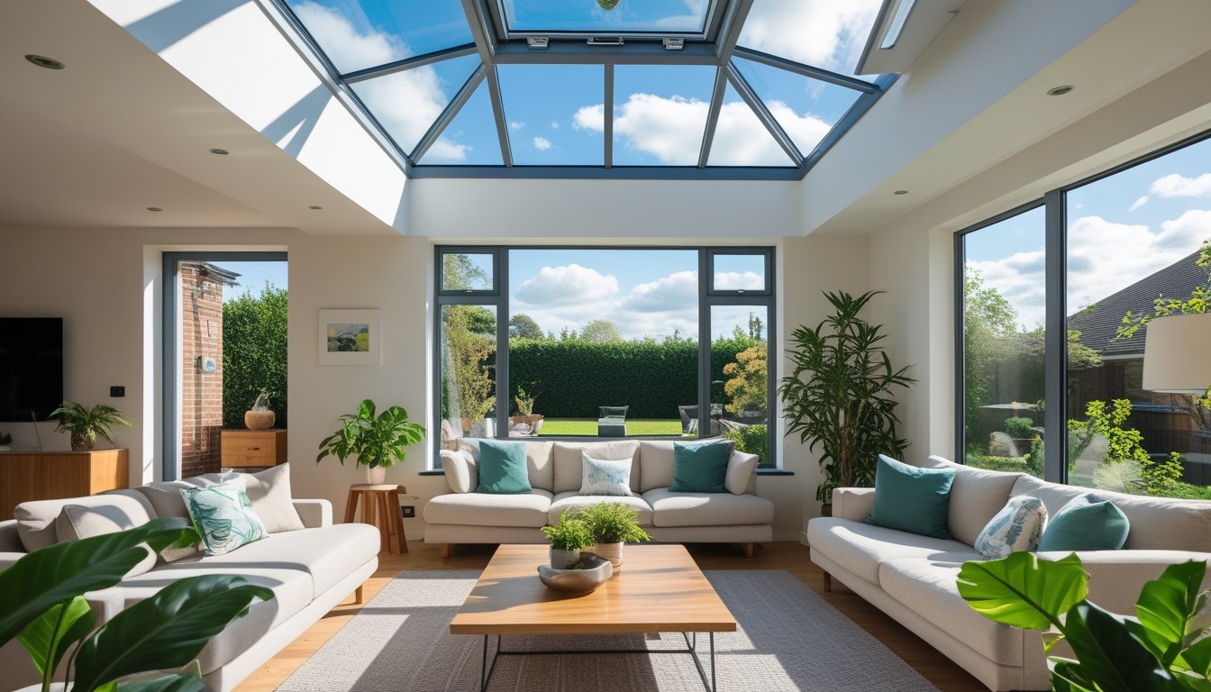 Interior of a modern living room with a large roof lantern letting in natural sunlight and a clear blue sky visible through the ceiling window.