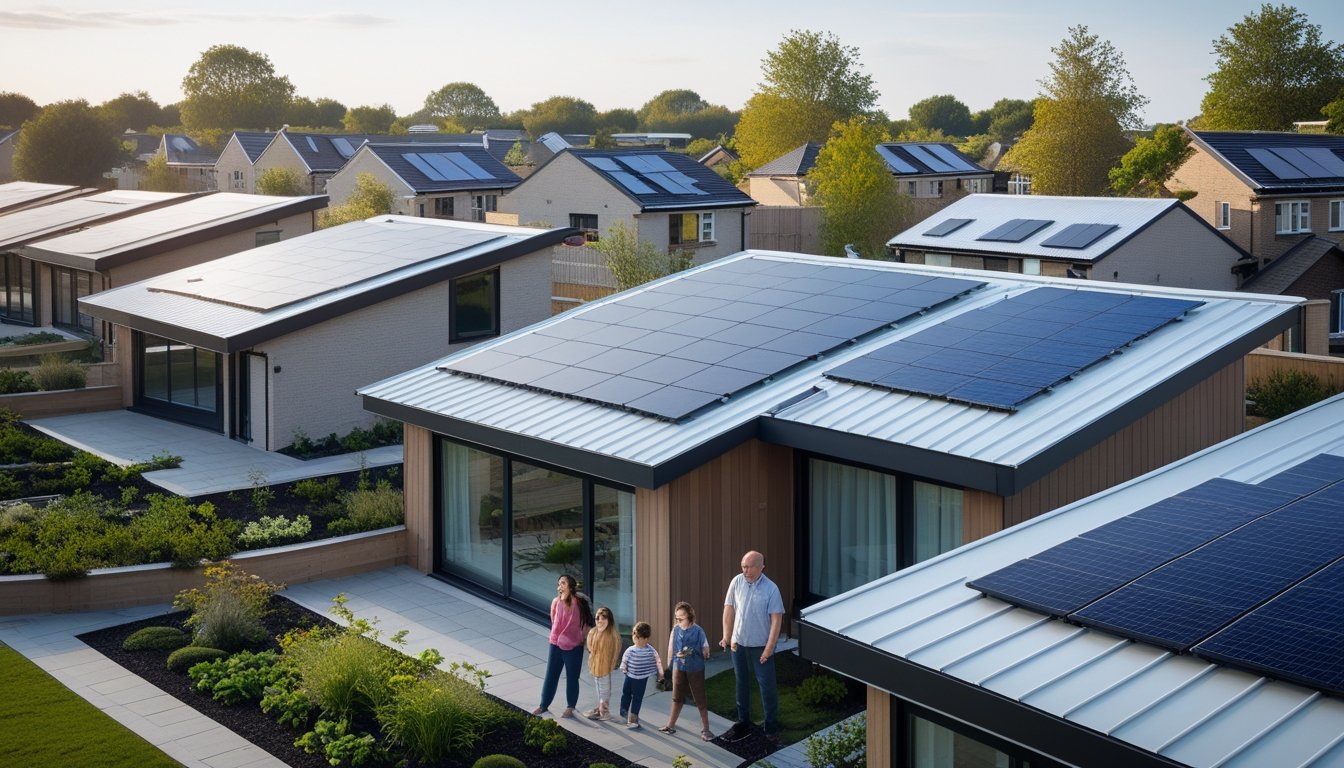 A modern UK neighbourhood with houses featuring solar panel roofs and green spaces, surrounded by gardens and trees, with a family looking at the roofs.