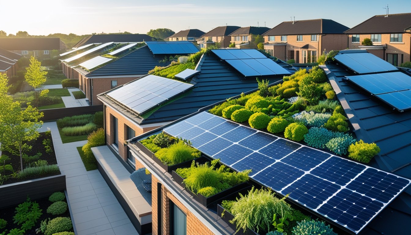A neighbourhood of modern UK homes with solar panels and green rooftop gardens under a clear blue sky.