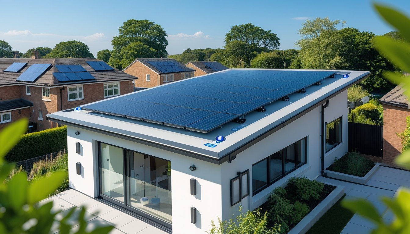 A modern UK house with solar panels on the roof surrounded by greenery under a clear sky.