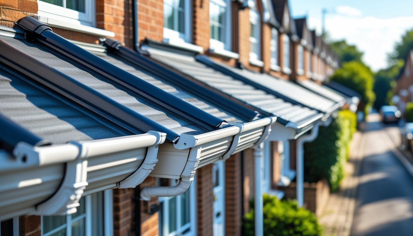 A row of British houses showing their roofs and gutters on a clear day in a suburban neighbourhood.