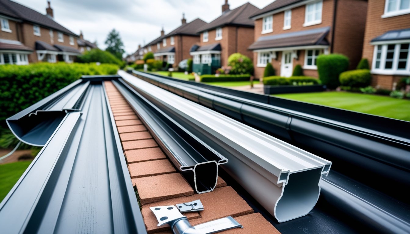 Close-up view of different gutter styles and materials displayed on sections of UK house exteriors with brick walls and tiled roofs, set outdoors on a residential street.