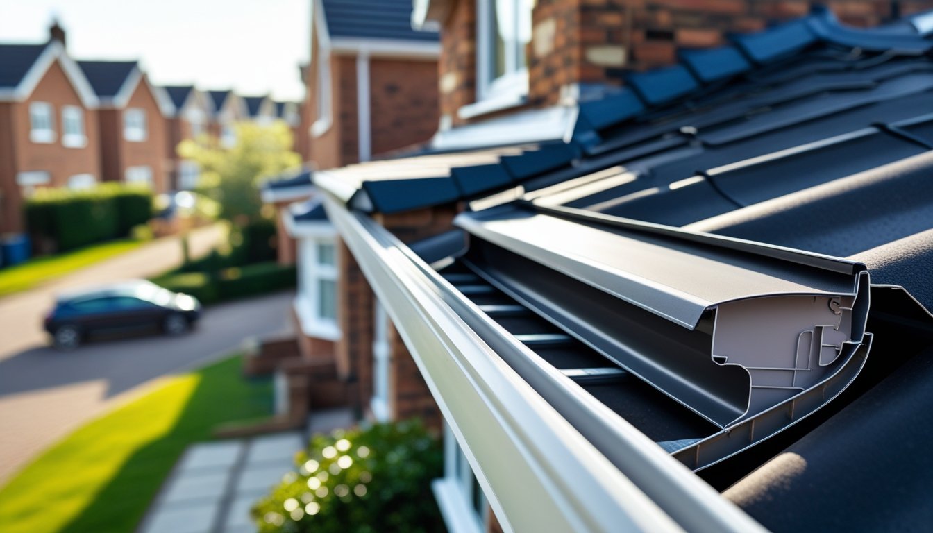 Close-up view of different gutter styles installed on houses in a suburban UK neighbourhood.