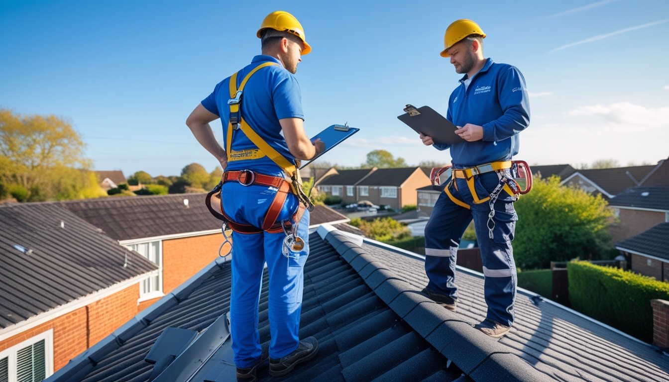 A UK homeowner wearing safety gear inspecting their roof with a maintenance technician assisting on a sunny day.