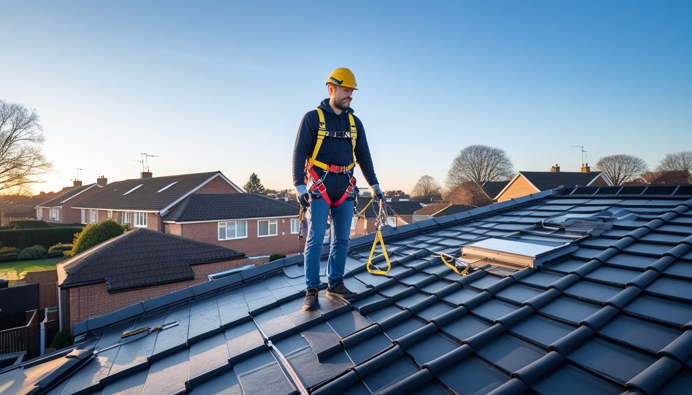 A person wearing roof safety equipment standing on a residential rooftop with houses and clear sky in the background.