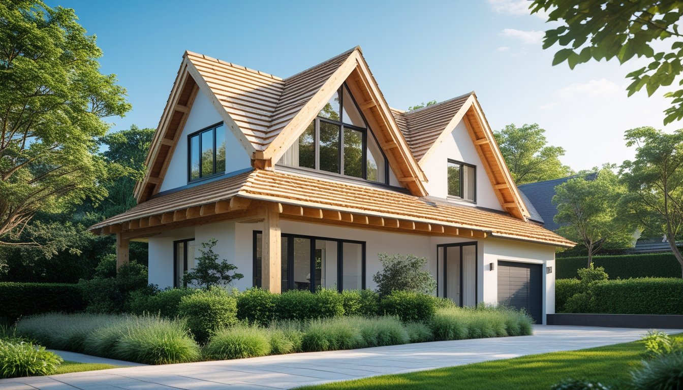 A modern UK house with a timber roof surrounded by green trees and shrubs under a clear blue sky.
