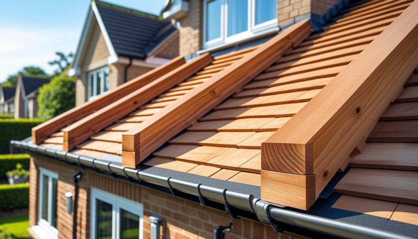 Close-up of a timber roof on a modern UK house with wooden beams and shingles, under a clear blue sky with a suburban garden in the background.