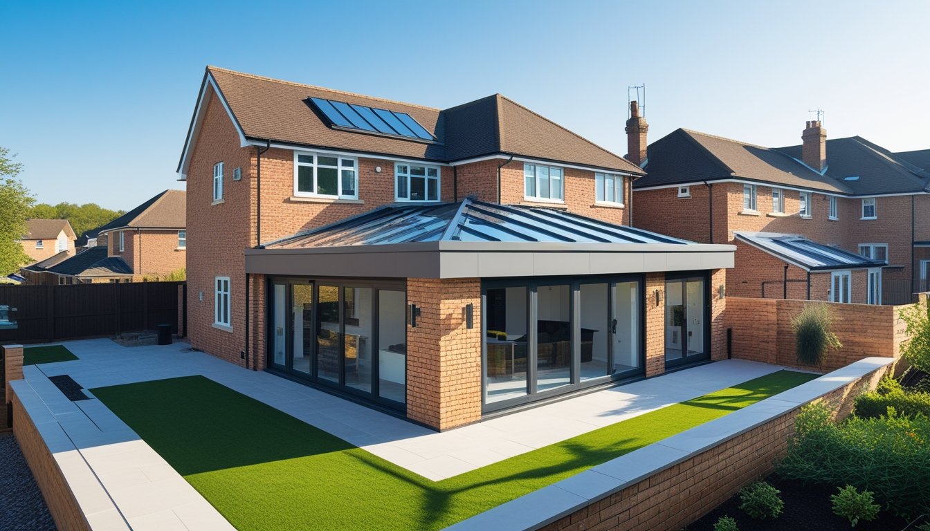 A modern UK house with a new roof extension, showing large windows and a garden in a suburban neighbourhood.