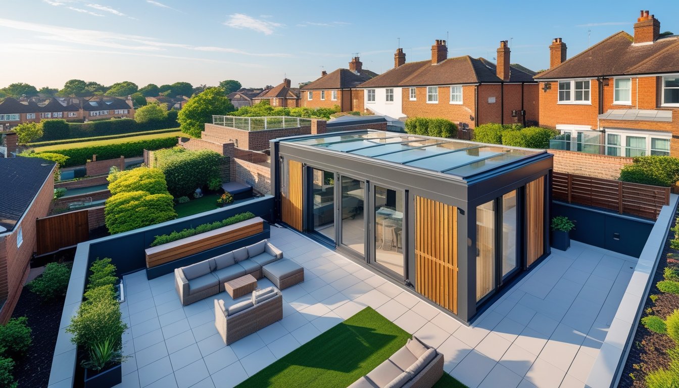 A modern UK home with a roof extension featuring a rooftop terrace with outdoor furniture, greenery, and privacy screens overlooking a garden and neighbouring houses.