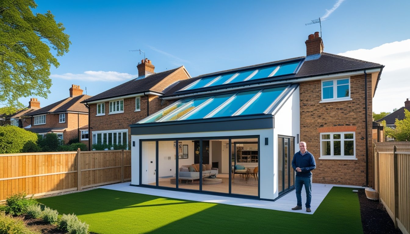 A modern UK house with a newly extended loft roof featuring large skylights, viewed from the garden with a homeowner looking at the extension.